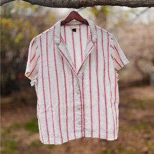 Linen cropped boxy button up short sleeve breezy lightweight striped summer top